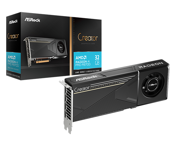 ASRock R9700 CT 32G AMD Radeon AI PRO R9700 Creator 32GB GDDR6 on 256-Bit Memory Bus Graphics Card PCIe 5.0 4 x DisplayPort 2.1a
