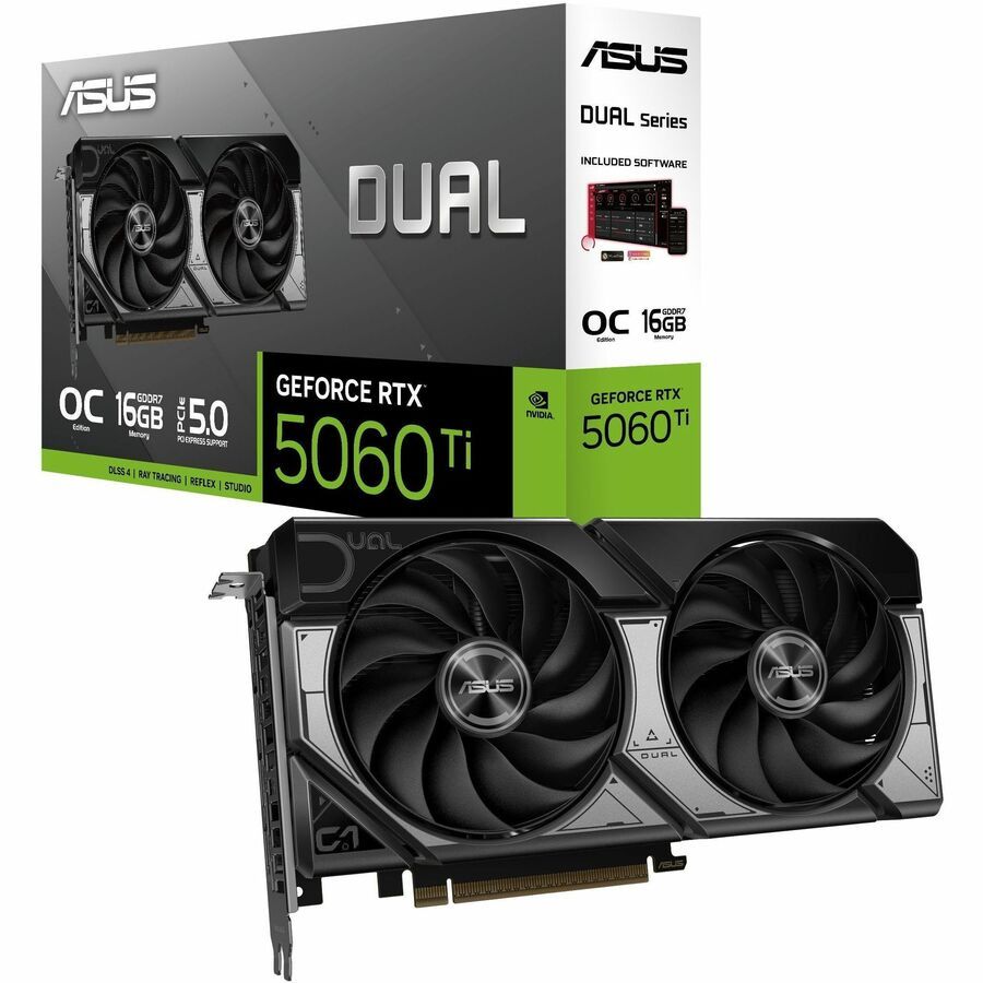 ASUS DUAL-RTX5060TI-O16G Dual GeForce RTX 5060 Ti OC Edition Graphics Card 16GB GDDR7 PCI Express 5.0 2x HDMI 2.1a3x DisplayPort 2.1a 1x 16-pin Power Connector