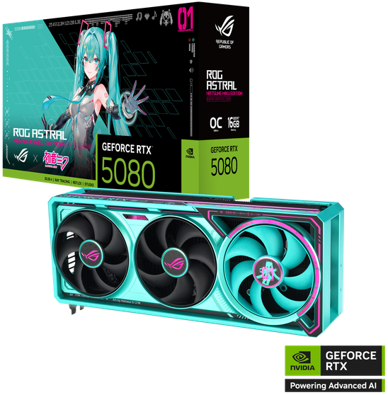 ASUS ROG Astral GeForce RTX 5080 16GB GDDR7 OC HATSUNE MIKU EDITION Graphics Card 16GB GDDR7 PCI Express 5.0 2x HDMI 2.1a3x DisplayPort 2.1a 1x 16-pin Power Connector 3 Year Warranty