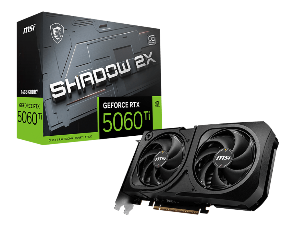 MSI G506T-16S2CP NVIDIA GeForce RTX 5060 Ti SHADOW 2X OC PLUS Graphics Card 16GB GDDR7 PCI Express 5.01x HDMI 2.1a 3x DisplayPort 2.1a 1x 16-pin Power Connector
