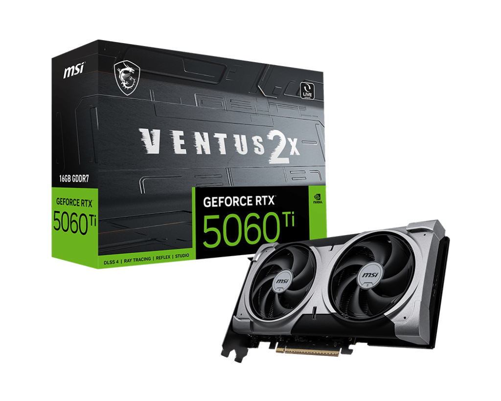 MSI G506T-16V2P NVIDIA GeForce RTX 5060 Ti VENTUS 2X PLUS Graphics Card 16GB GDDR7 PCI Express 5.01x HDMI 2.1a 3x DisplayPort 2.1a 1x 16-pin Power Connector