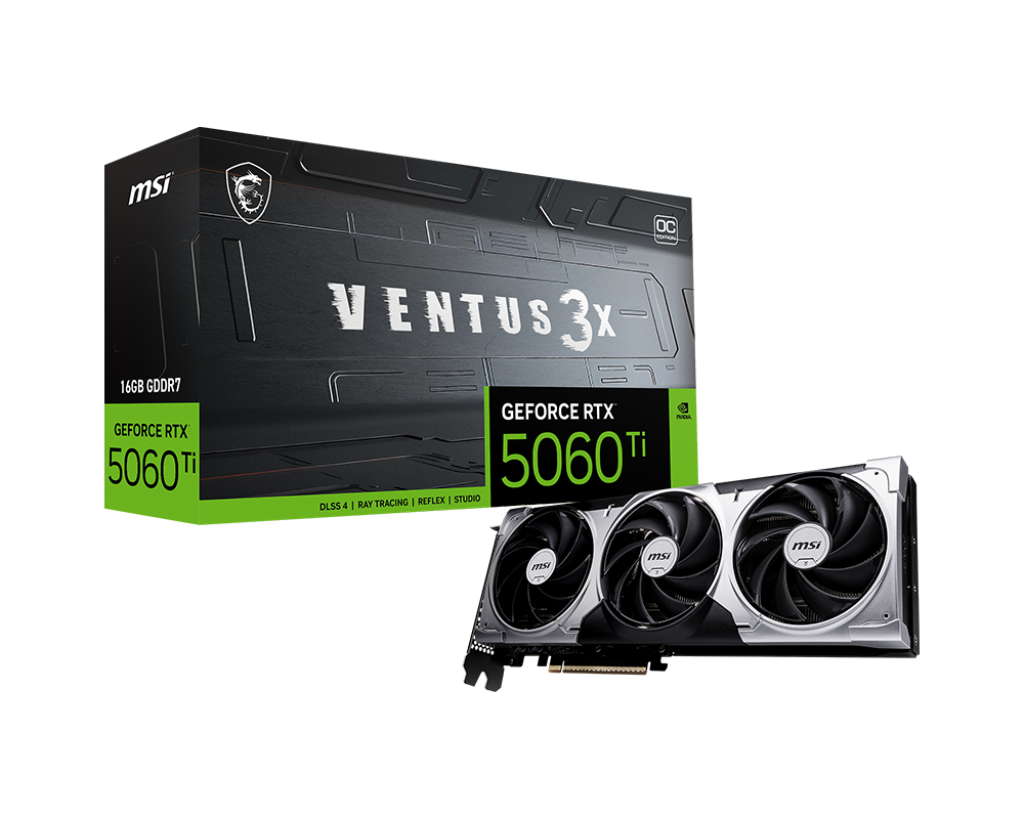 MSI G506T-16V3C NVIDIA GeForce RTX 5060 Ti VENTUS 3X OC Graphics Card 16GB GDDR7 PCI Express 5.01x HDMI 2.1a 3x DisplayPort 2.1a 1x 16-pin Power Connector